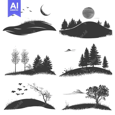 Six Silhouettes of Scenic Landscapes with Trees, Grass, Birds, and a M