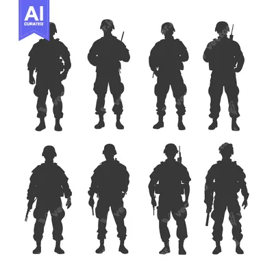 Six Silhouettes of Soldiers in Uniform and Gear