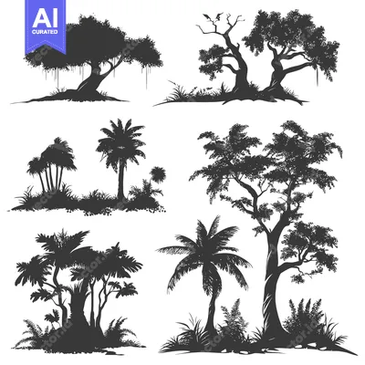 Aset desain premium: Six Silhouettes of Trees and Plants with a White Background
