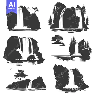 Six Silhouettes of Waterfalls Cascading Over Rocky Cliffs