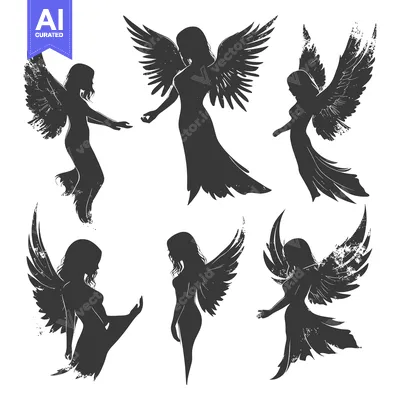 Six Silhouettes of Winged Female Figures with Grunge Texture
