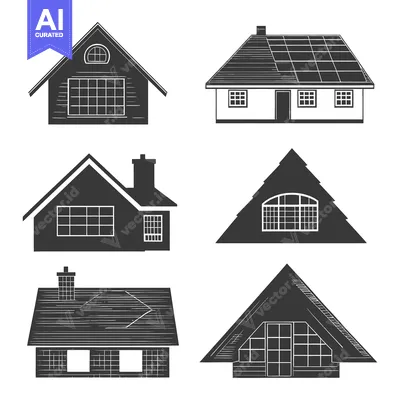 Aset desain premium: Six Simple Hand-Drawn Black and White House Silhouettes