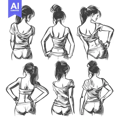 Six Sketch Drawings of Women from Behind Wearing Casual Clothing