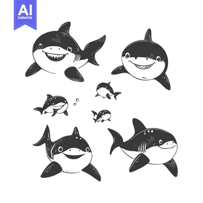 Aset desain premium: Six Smiling Cartoon Sharks of Various Sizes