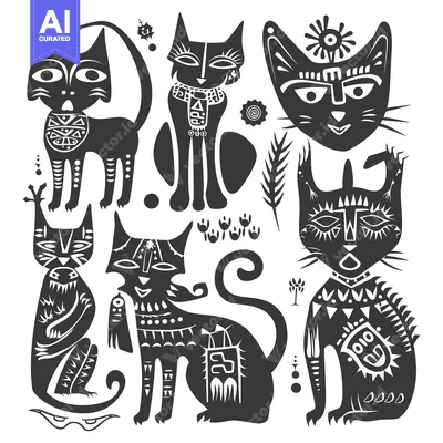 Aset desain premium: Six Stylized Black Cats with White Geometric Patterns on a White Backg