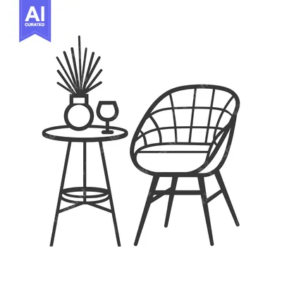 Aset premium populer: A black and white illustration of a table, chair, and vase with plant.