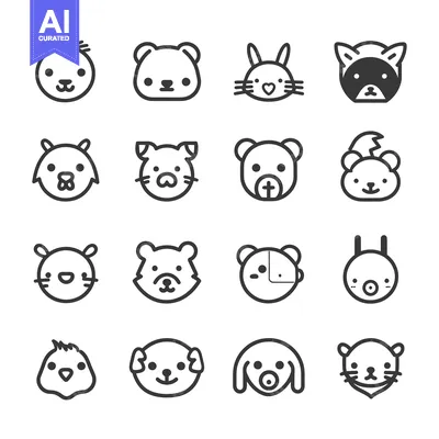 Premium design asset: Sixteen Black and White Cartoon Animal Heads