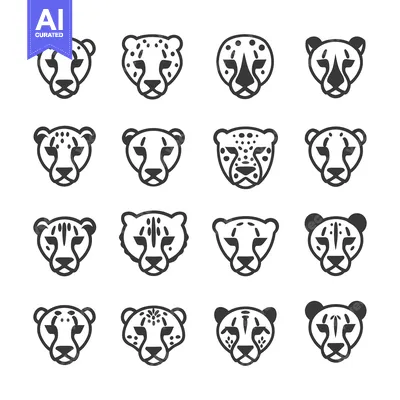 Sixteen Black and White Cheetah Head Icons with Variations in Spotting