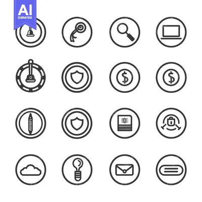 Sixteen Black and White Circular Icons with Various Symbols