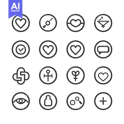 Sixteen Black and White Circular Icons with Various Symbols