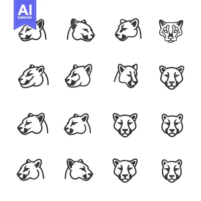 Sixteen Black and White Cougar Head Icons in Various Poses