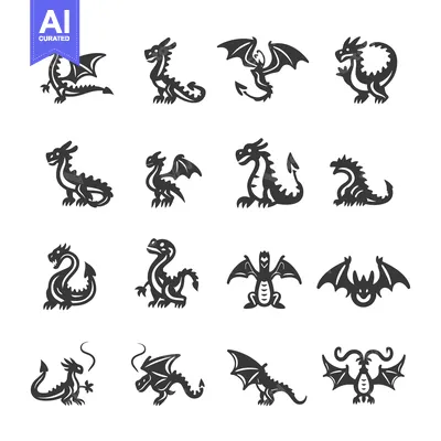 Sixteen Black and White Dragon Silhouette Icons