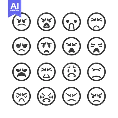 Sixteen Black and White Emojis Depicting Negative Emotions