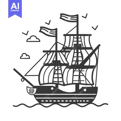 Aset desain premium: A Black and White Illustration of a Tall-Masted Ship Sailing on the Oc