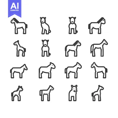 Aset desain premium: Sixteen Black and White Horse and Pony Line Icons