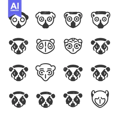 Aset desain premium: Sixteen Black and White Illustrations of a Lemur's Face