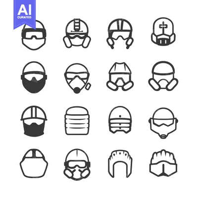Premium design asset: Sixteen Black and White Illustrations of Different Types of Protective