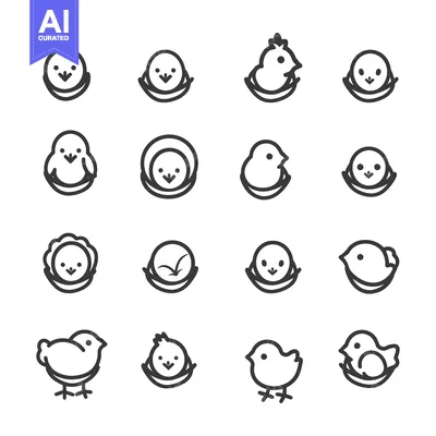 Sixteen Black and White Line Drawings of Chicks in Various Stages of G