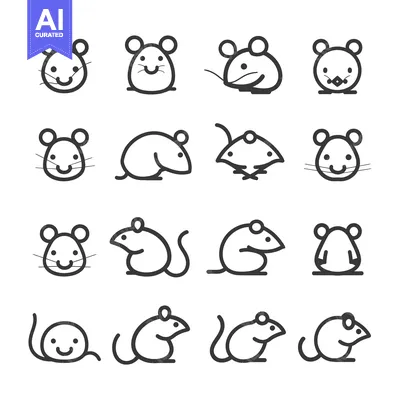 Sixteen Black and White Line Drawings of Cute Mice in Various Poses