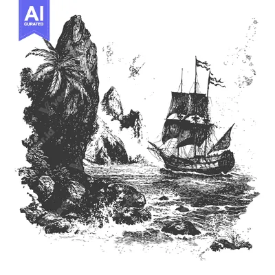 A Black and White Illustration of a Tall Ship Sailing Past an Island