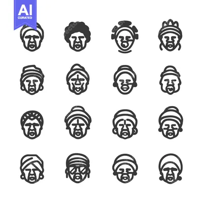 Sixteen Black and White Line Drawings of Female Faces with Different H