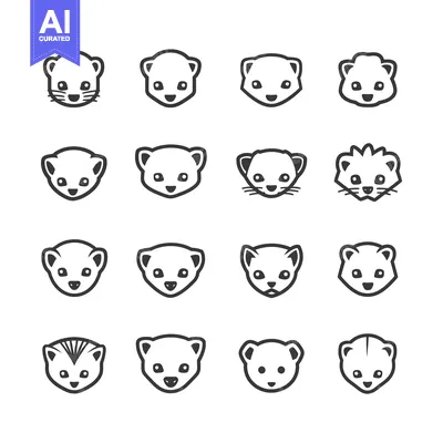 Aset desain premium: Sixteen Black and White Line Drawings of Ferret Heads