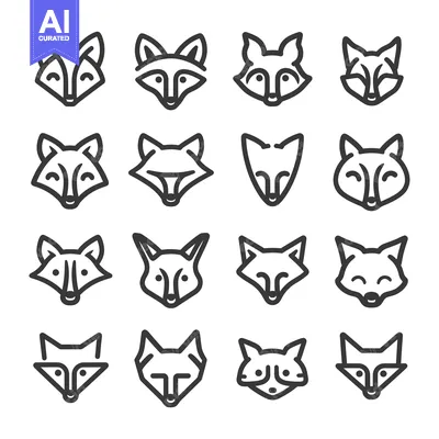 Aset premium populer: Sixteen Black and White Line Drawings of Fox Faces