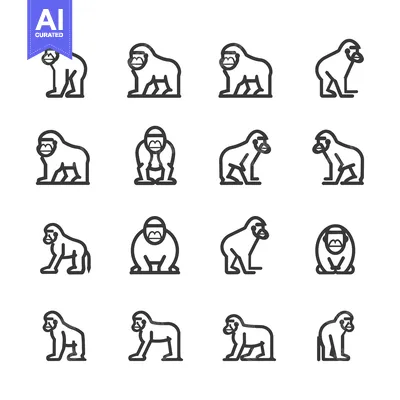 Aset desain premium: Sixteen Black and White Line Drawings of Gorillas in Various Poses