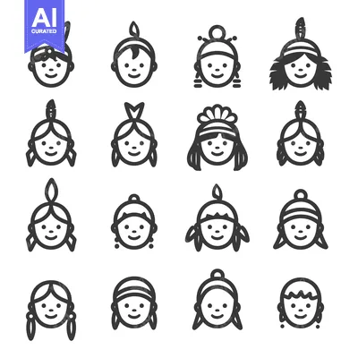 Sixteen Black and White Line Drawings of Native American People with D