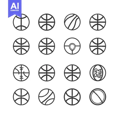 Sixteen Black and White Outline Basketball Icons