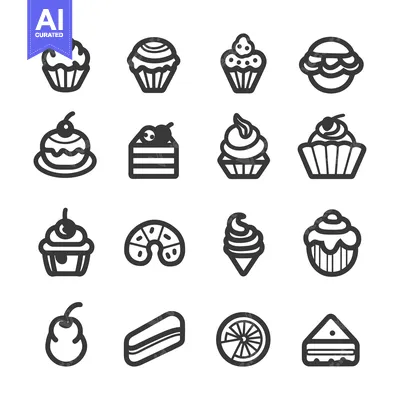 Sixteen Black and White Outlined Dessert Icons