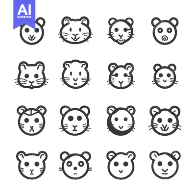 Sixteen Black and White Outline Drawings of Hamster Faces with Differe