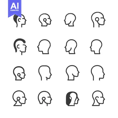 Aset desain premium: Sixteen Black and White Outline Icons of Human Heads in Profile