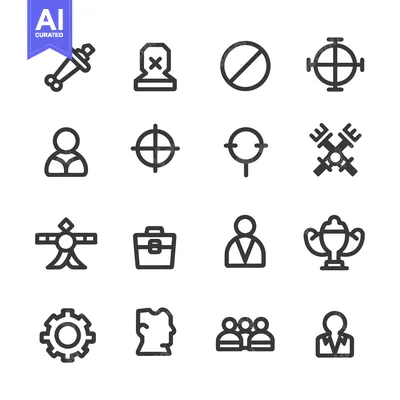Sixteen Black and White Outline Icons of People, Objects, and Symbols