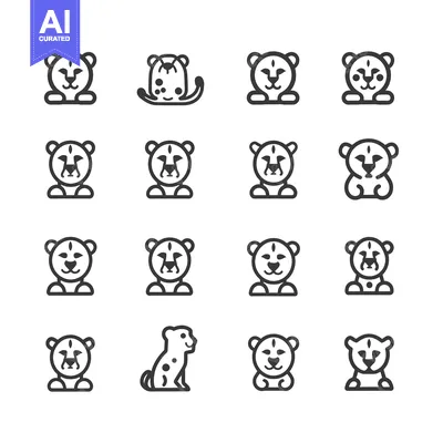 Sixteen Black and White Outline Illustrations of Cheetahs in Different