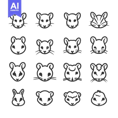 Premium design asset: Sixteen Black and White Outline Illustrations of Mouse and Gerbil Face