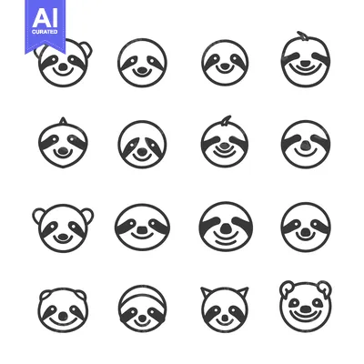 Aset desain premium: Sixteen Black and White Outline Illustrations of Sloth Faces