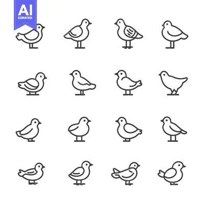 Sixteen Black Outline Bird Icons on White Background