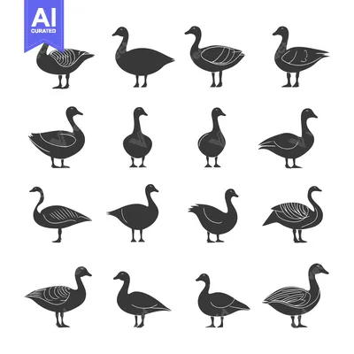 Sixteen Black Silhouettes of Geese in Various Poses