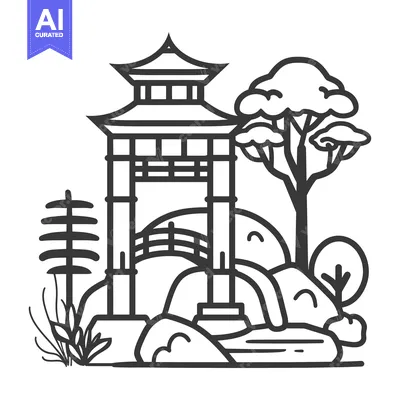 A Black and White Illustration of a Traditional Chinese Pagoda with a