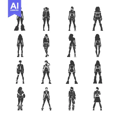 Aset desain premium: Sixteen Black Silhouettes of Women Wearing Various Outfits