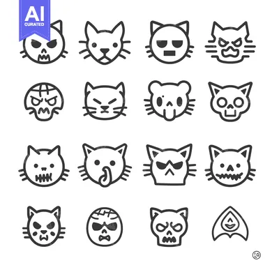 Sixteen Cartoon Cat Skull Emojis with Various Facial Expressions