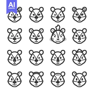 Sixteen Cartoon Squirrel Faces with Different Expressions