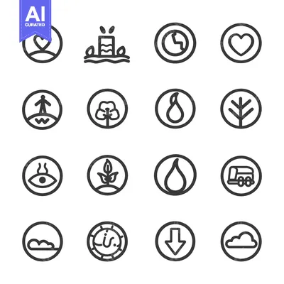 Aset desain premium: Sixteen Circular Icons with Various Symbols Depicting Nature, People,