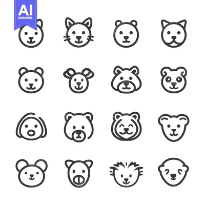Aset premium populer: Sixteen Cute Animal Faces in Line Art Style