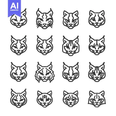 Aset desain premium: Sixteen Different Line Art Designs of a Lynx Head