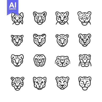 Sixteen Different Outline Drawings of Cheetah Heads
