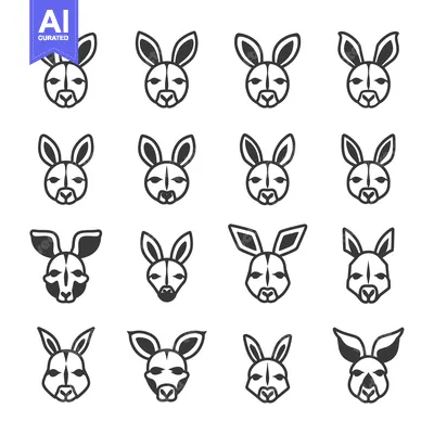 Sixteen Different Stylized Kangaroo Heads in Black and White