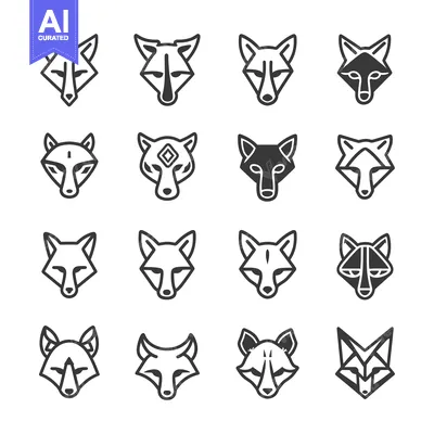 Sixteen Geometric Fox Head Icons in Black and White