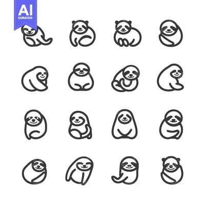 Sixteen Line Art Drawings of Cute Sloths in Various Poses